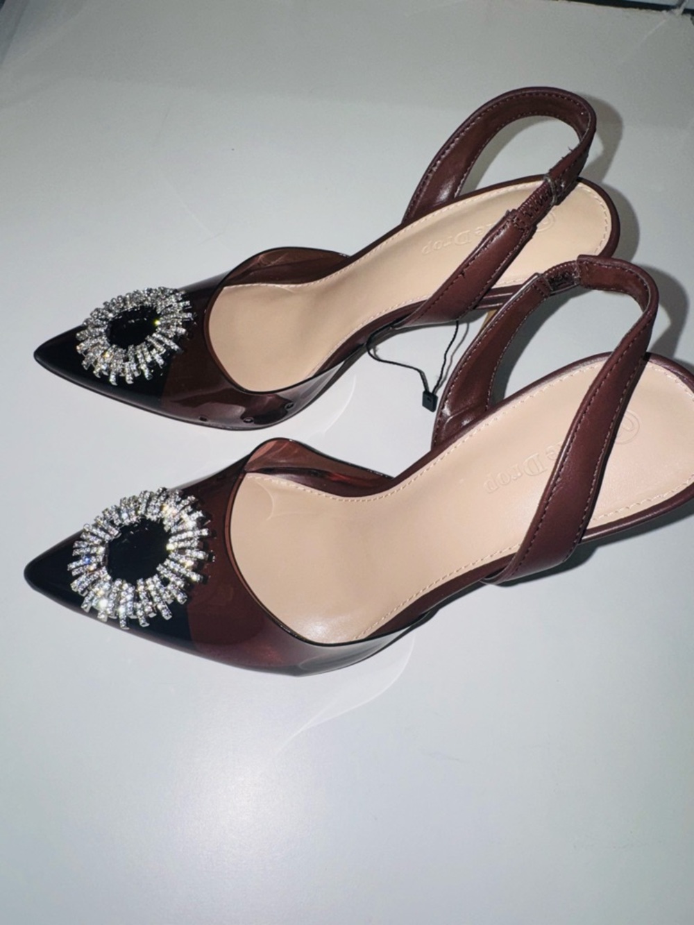 The Drop Women’s Dark Brown Pointed Slingback Heels with Crystal Sunburst - Picture 4 of 7